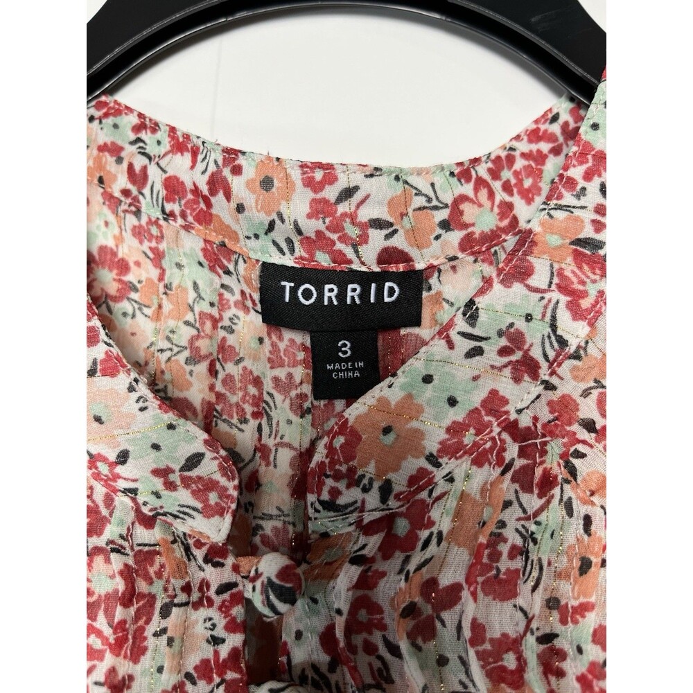 Torrid Floral Sheer Blouse 3X Red Button Up Long Sleeve Gold Stripe Boho Top - Picture 8 of 11
